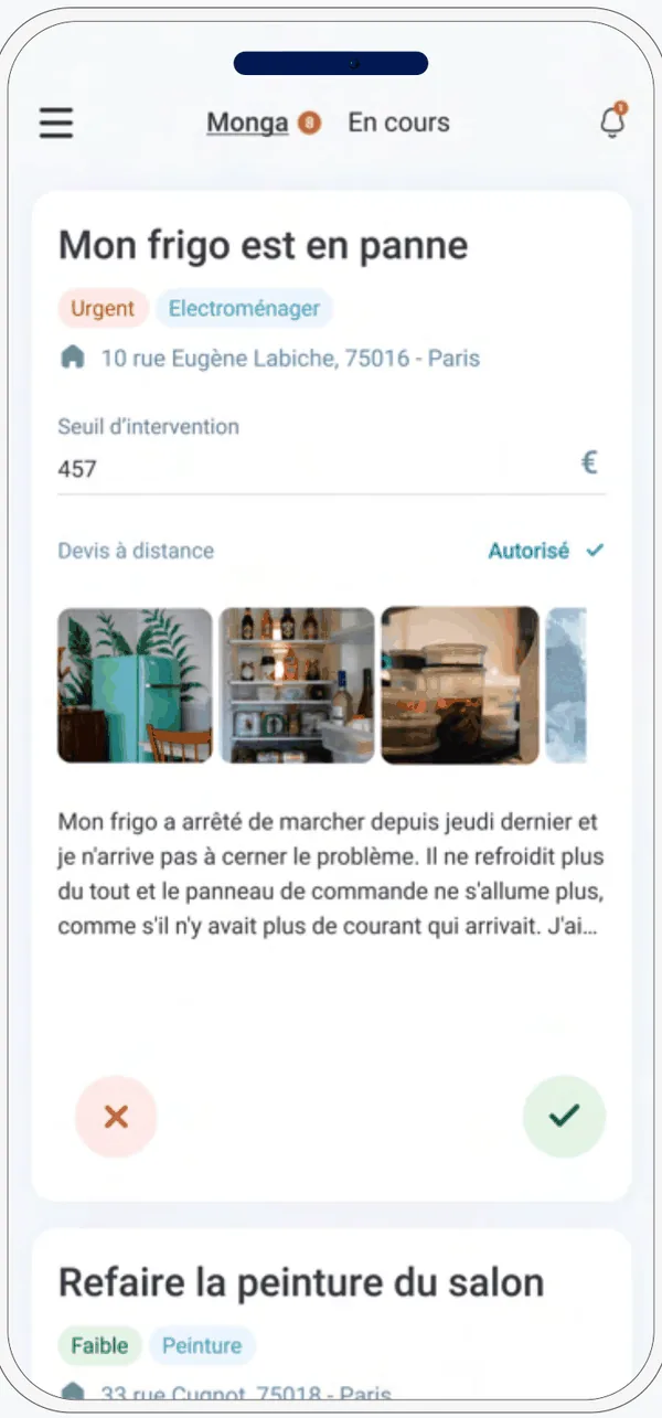 Monga App, interface artisan sur mobile : missions, devis et rendez-vous